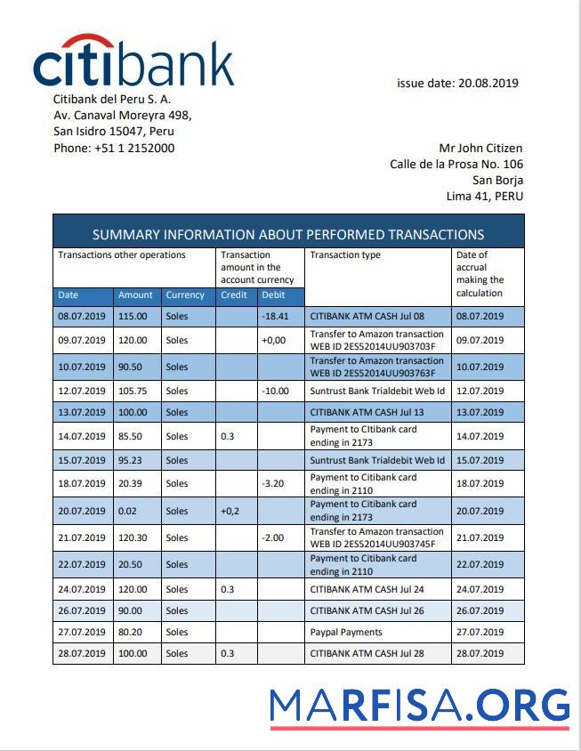 Realistic Peru Citibank bank statement word sample